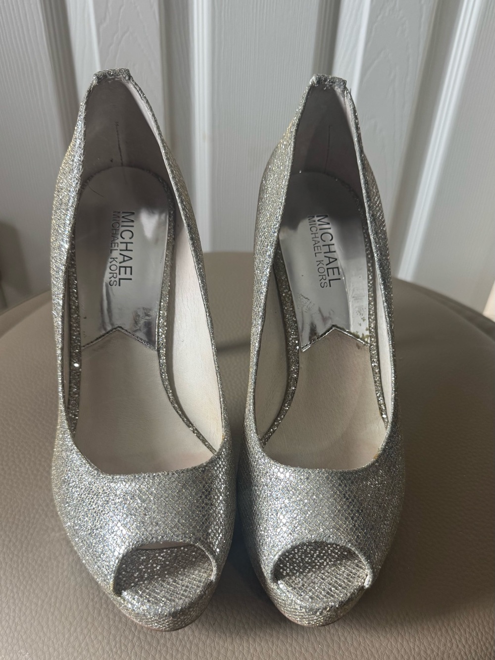 Michael Kors Silver Glitter Peep-Toe Heels